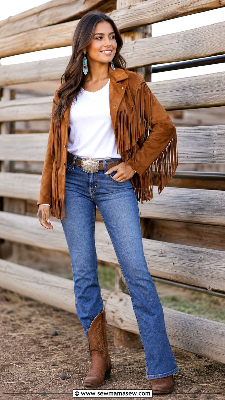 Fringe Suede Jacket with White Tee and Blue Jeans - 25 Western outfit ideas for rodeo