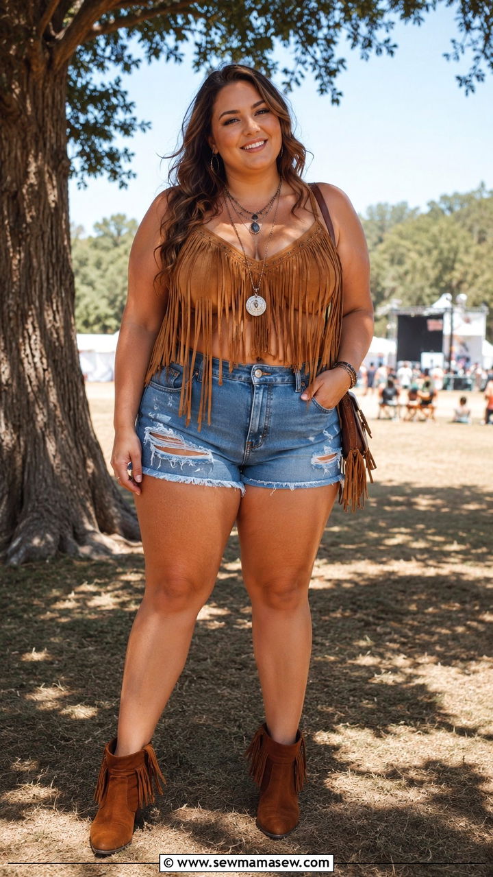 Fringe Suede Top With Distressed Denim Shorts And Ankle Boots - 30 Plus size concert outfit ideas