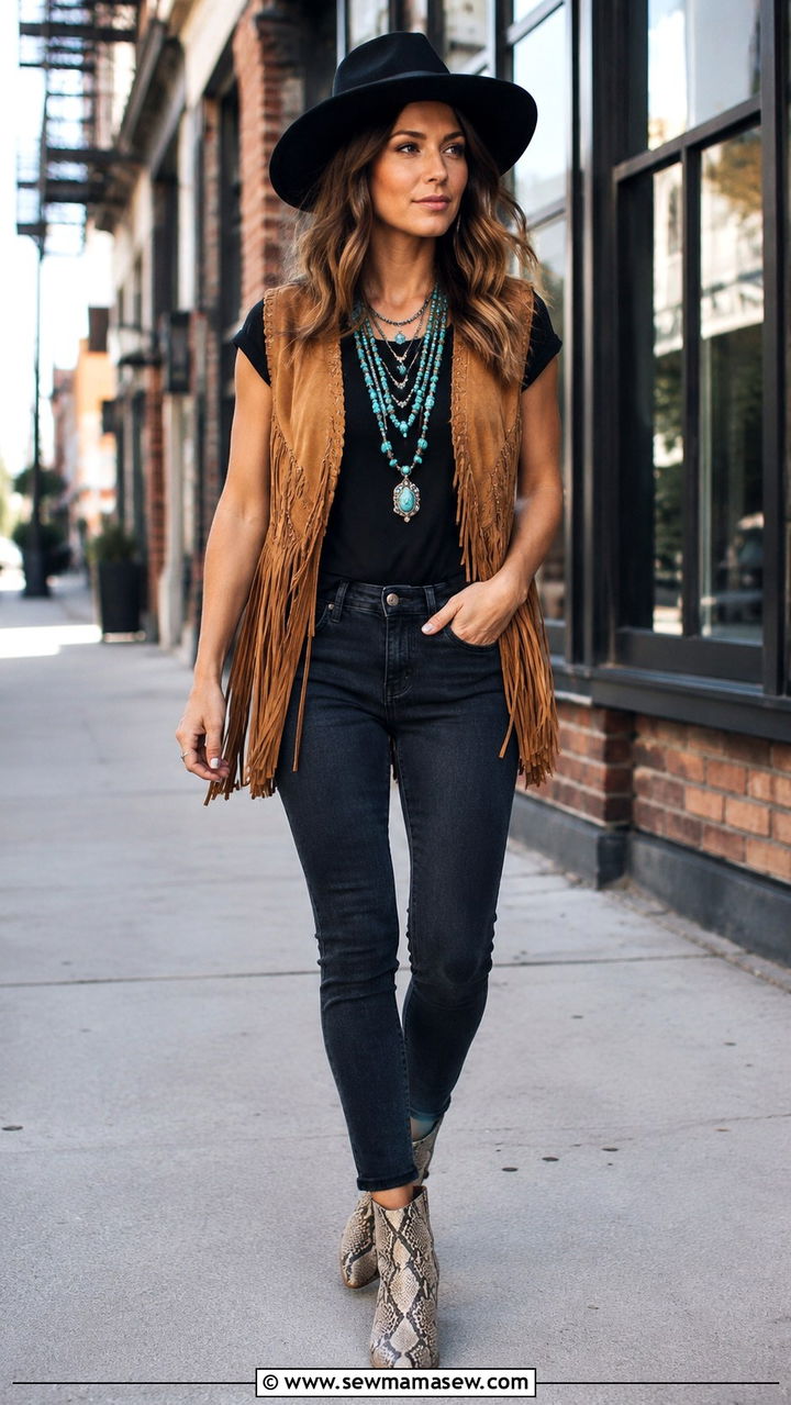 Fringe Suede Vest With Layered Turquoise Necklaces - 20 Western outfit ideas with turquoise jewelry
