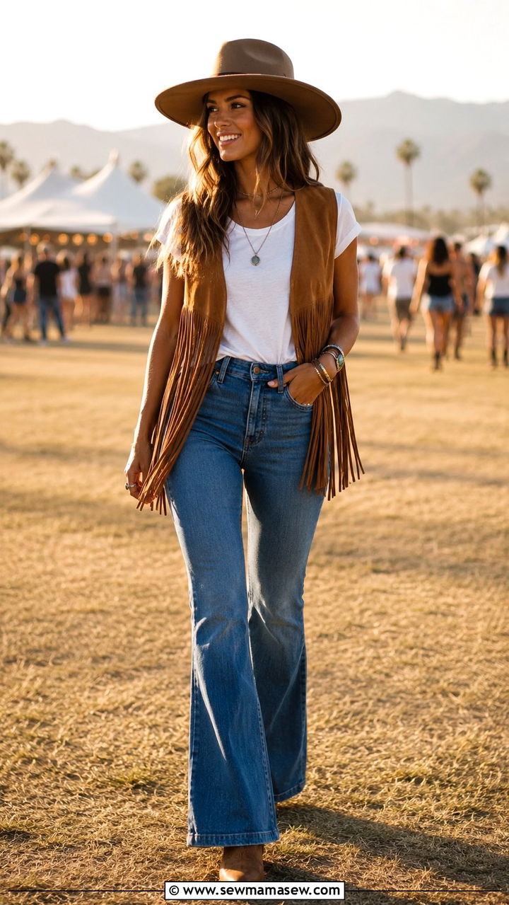 Fringe Suede Vest With White Tee And Flare Jeans - 25 Western outfit ideas with fringe
