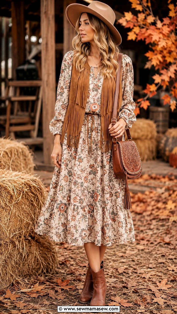 Fringe Suede Vest with Floral Midi Dress - 30 classy boho chic outfits