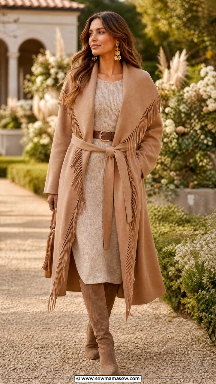Fringe Trimmed Camel Coat With Knit Dress - 35 Modern boho outfit ideas