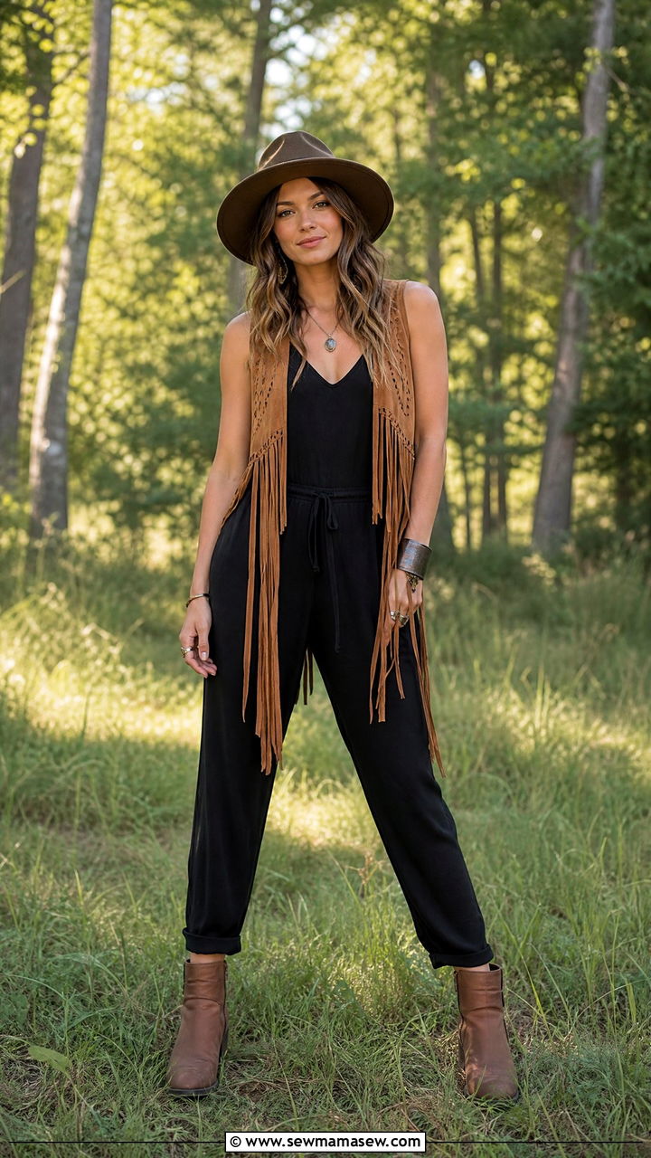 Fringe Vest Over Body Hugging Jumpsuit - 30 Electric forest outfit ideas