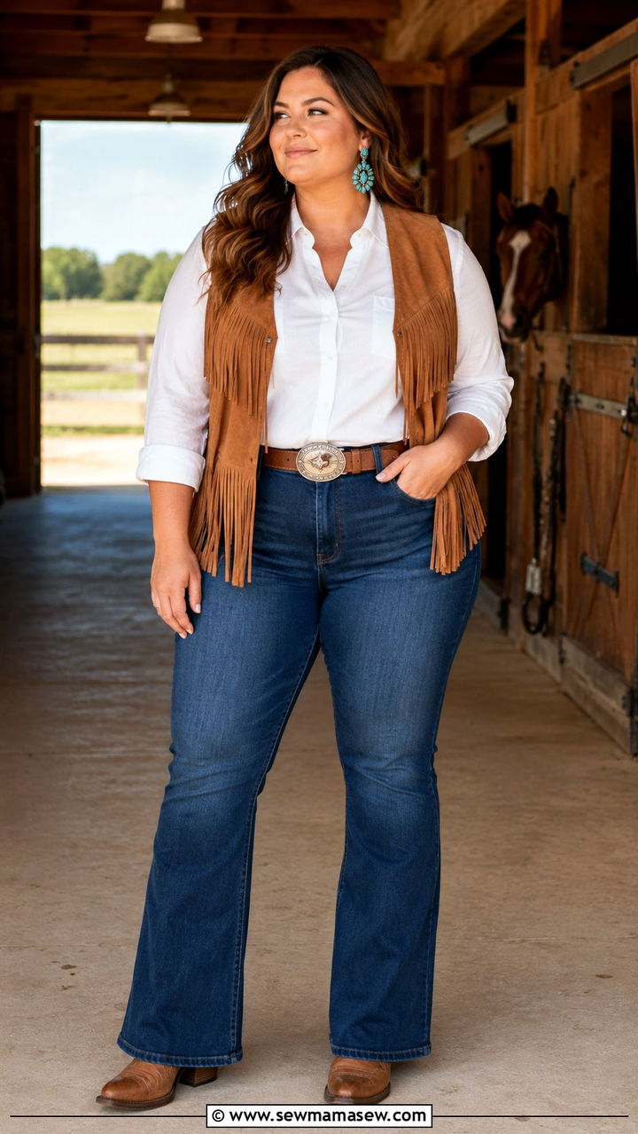 Fringe Vest With High Waist Jeans - 25 Western outfit ideas plus size