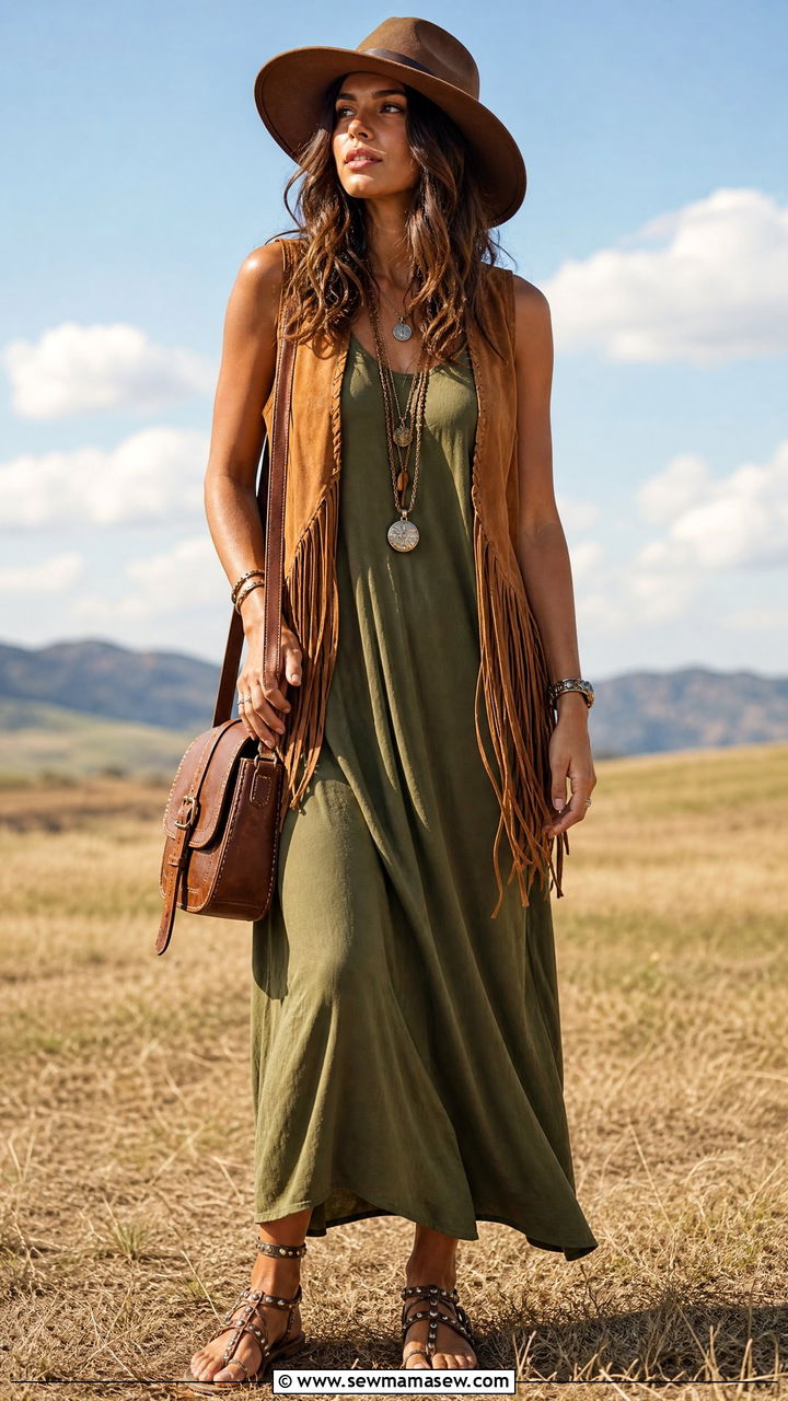 Fringe Vest With Maxi Dress And Studded Sandals - 25 Boho outfit ideas with sandals