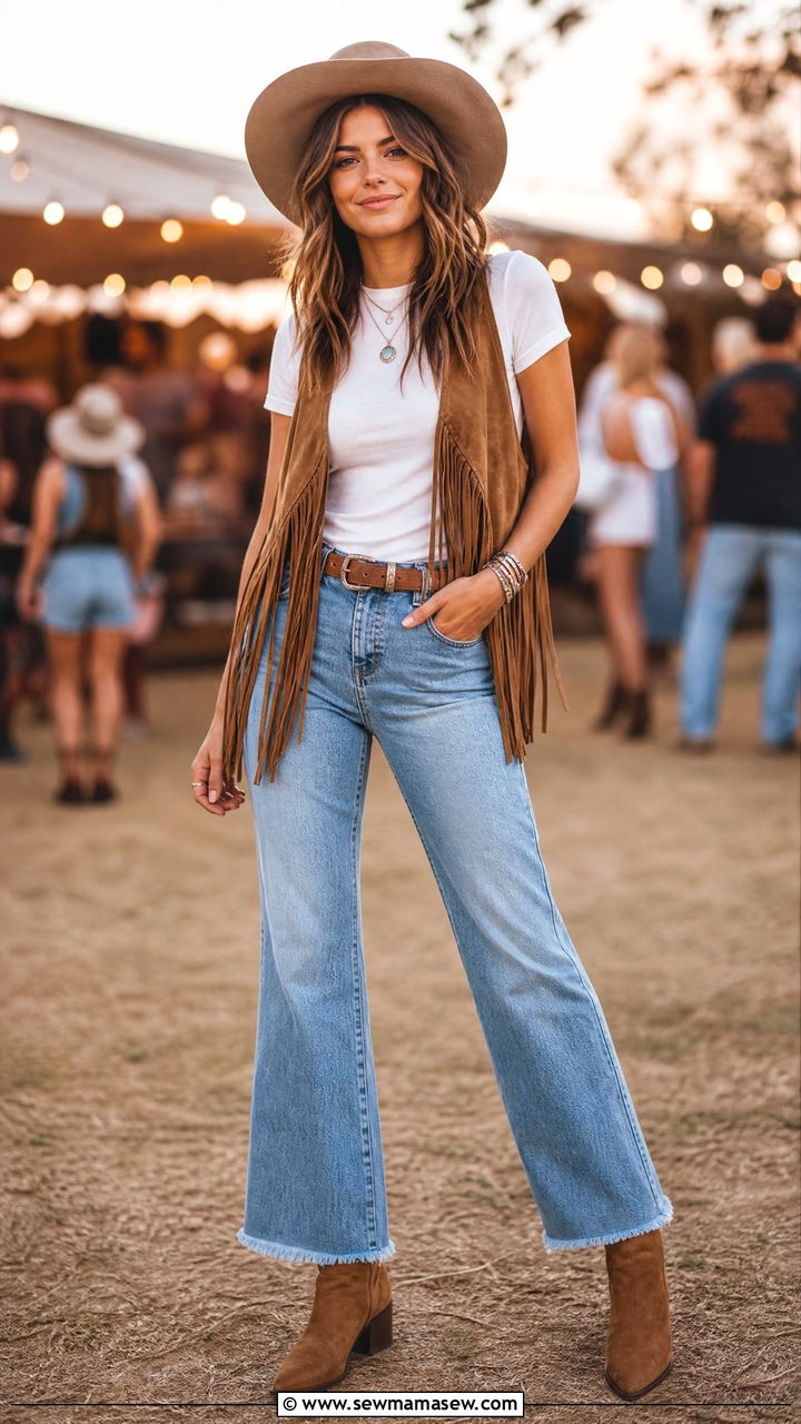 Fringe Vest and High Waisted Jeans Outfit - 30 Country summer outfits