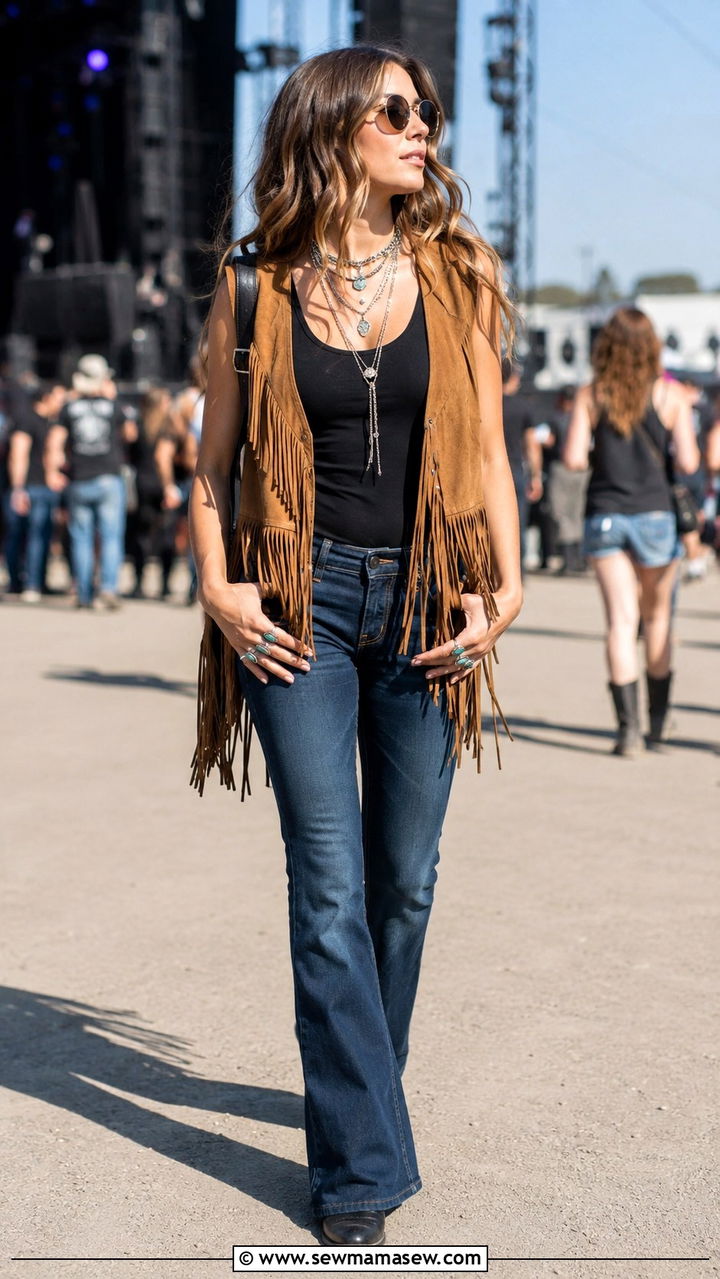 Fringe Vest and Jeans with Silver Rings - 25 Boho outfit ideas with silver rings