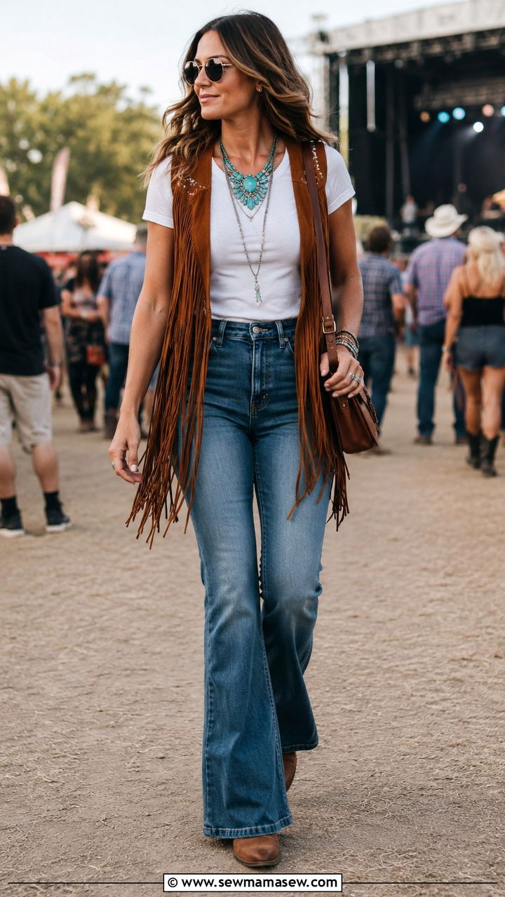 Fringe Vest with Flared Jeans Outfit - 30 Boho outfit ideas for women over 40