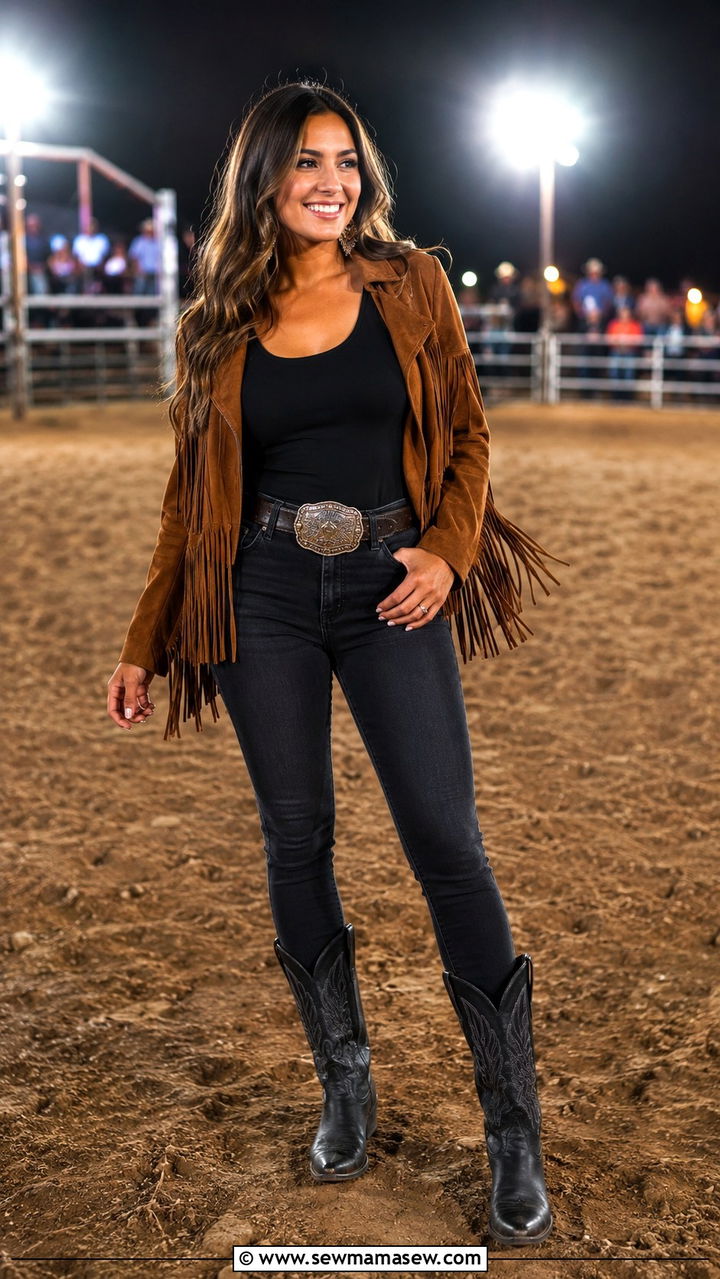 Fringe jacket and dark jeans rodeo outfit - 30 Rodeo outfit ideas