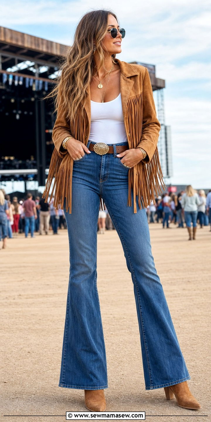 Fringe jacket and flare jeans outfit - 35 casual concert outfits