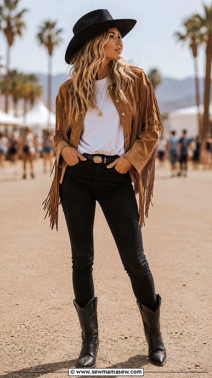 Fringe jacket with cowboy hat outfit - 25 Western outfit ideas with cowboy hat