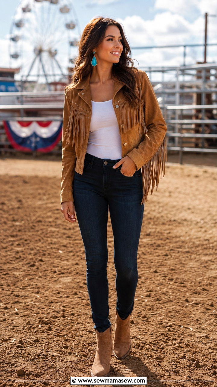 Fringe jacket with skinny jeans rodeo outfit - 30 Rodeo outfit ideas
