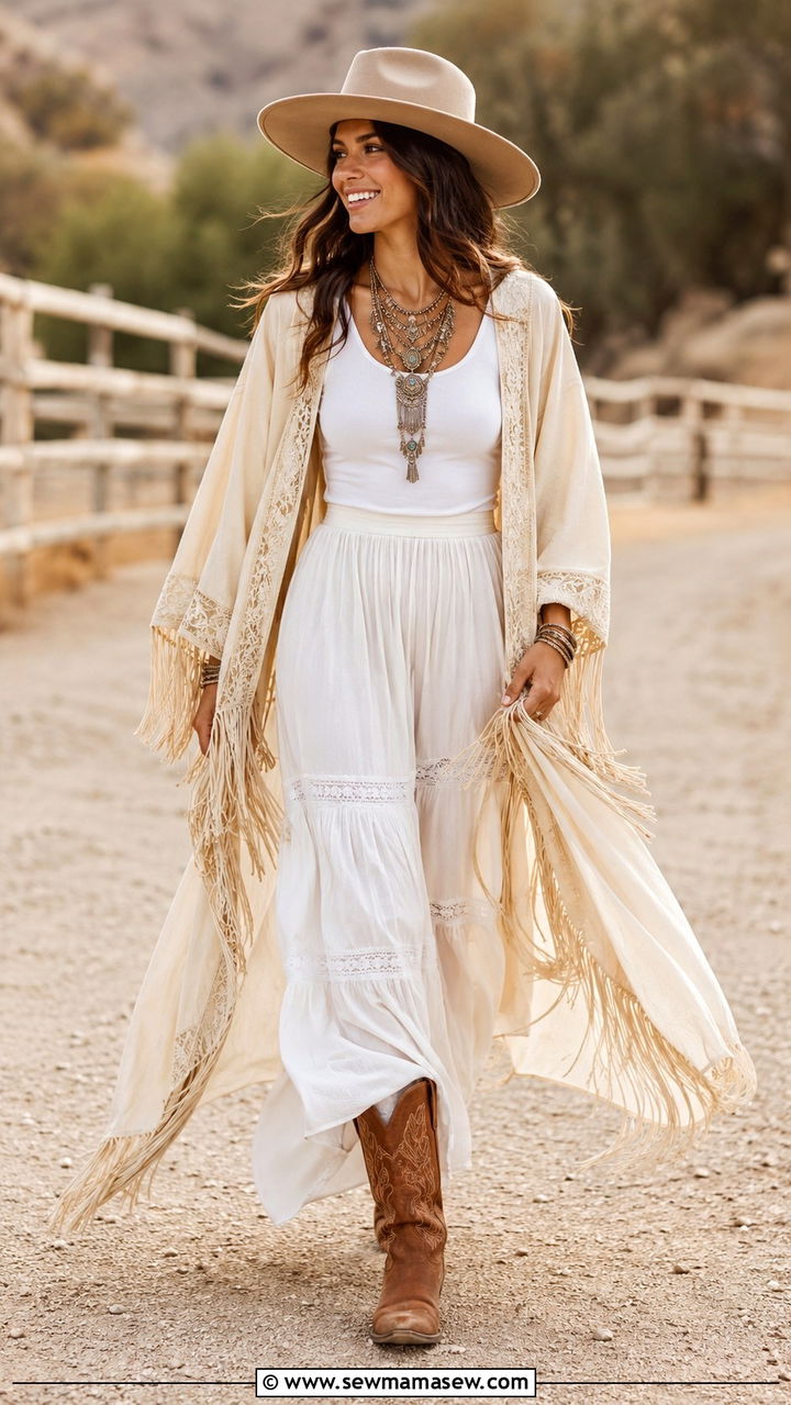 Fringe kimono and maxi skirt rodeo outfit - 30 Rodeo outfit ideas