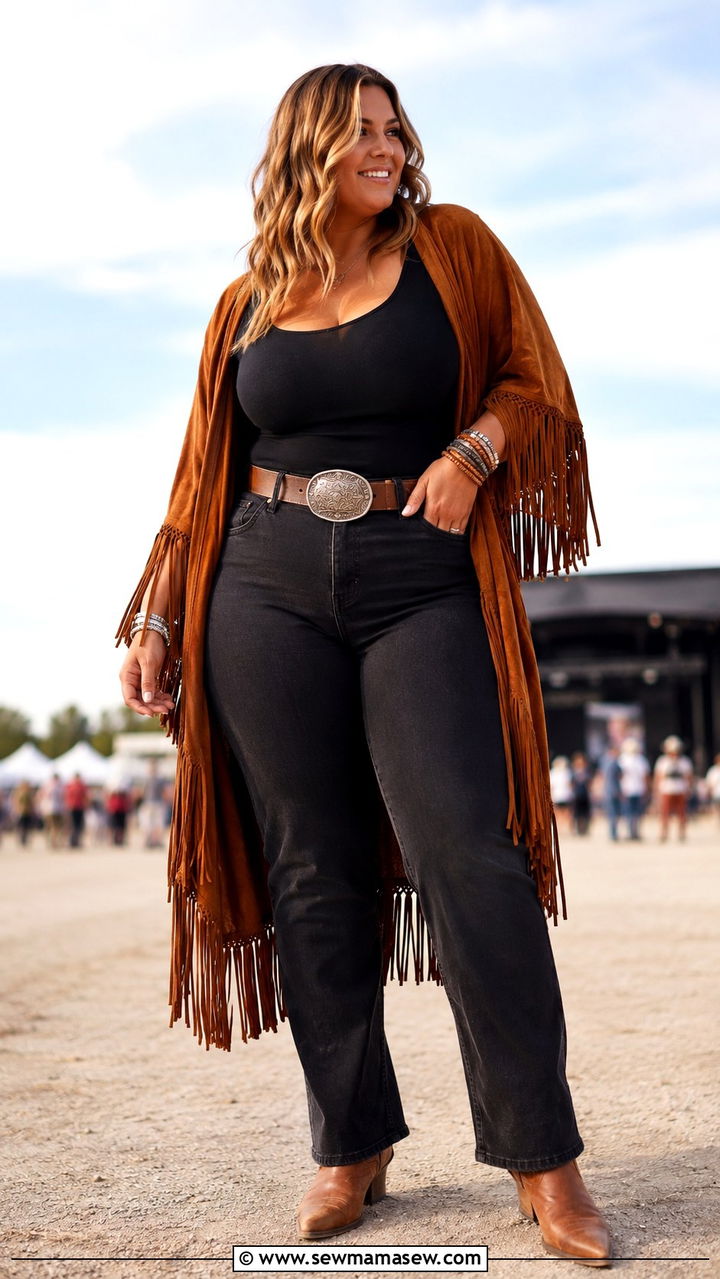 Fringe kimono with tank top and jeans - 30 plus size country concert outfit ideas