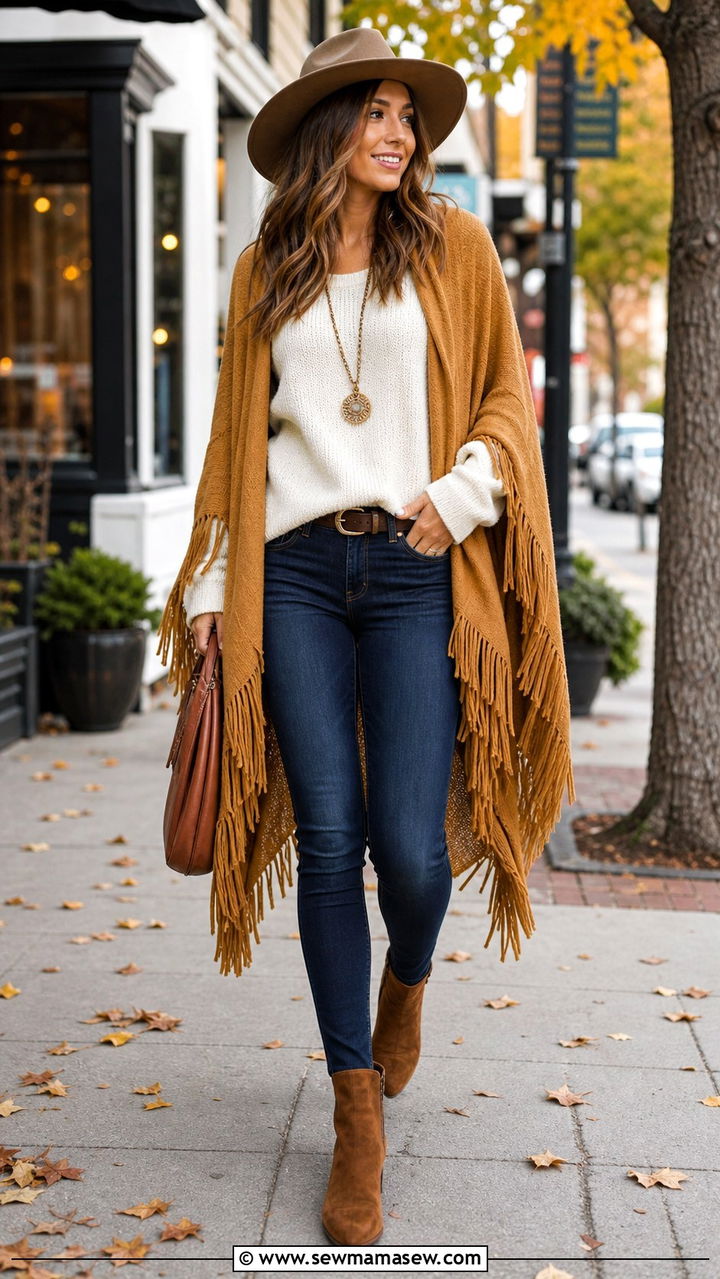 Fringe poncho with skinny jeans and suede boots - 40 Poncho outfit ideas