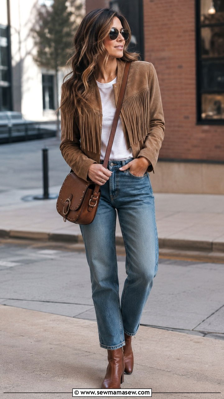 Fringe suede jacket with white tee and straight leg jeans - 30 classy jacket outfits