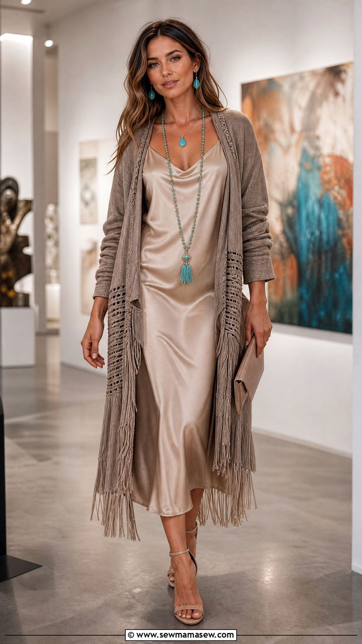 Fringed Cardigan with a Slip Dress and Turquoise Necklace Set - 25 Boho outfit ideas with turquoise jewelry
