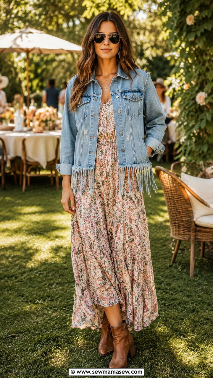 Fringed Hem Denim Jacket With Maxi Dress - 25 Western outfit ideas with fringe