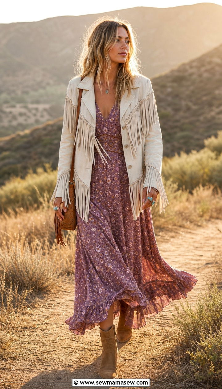 Fringed Jacket and Maxi Dress Boho Outfit - 25 Summer boho outfits 2026