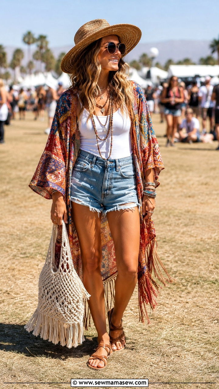 Fringed Kimono With Denim Cutoffs And A Tank - 30 boho capsule wardrobe outfits