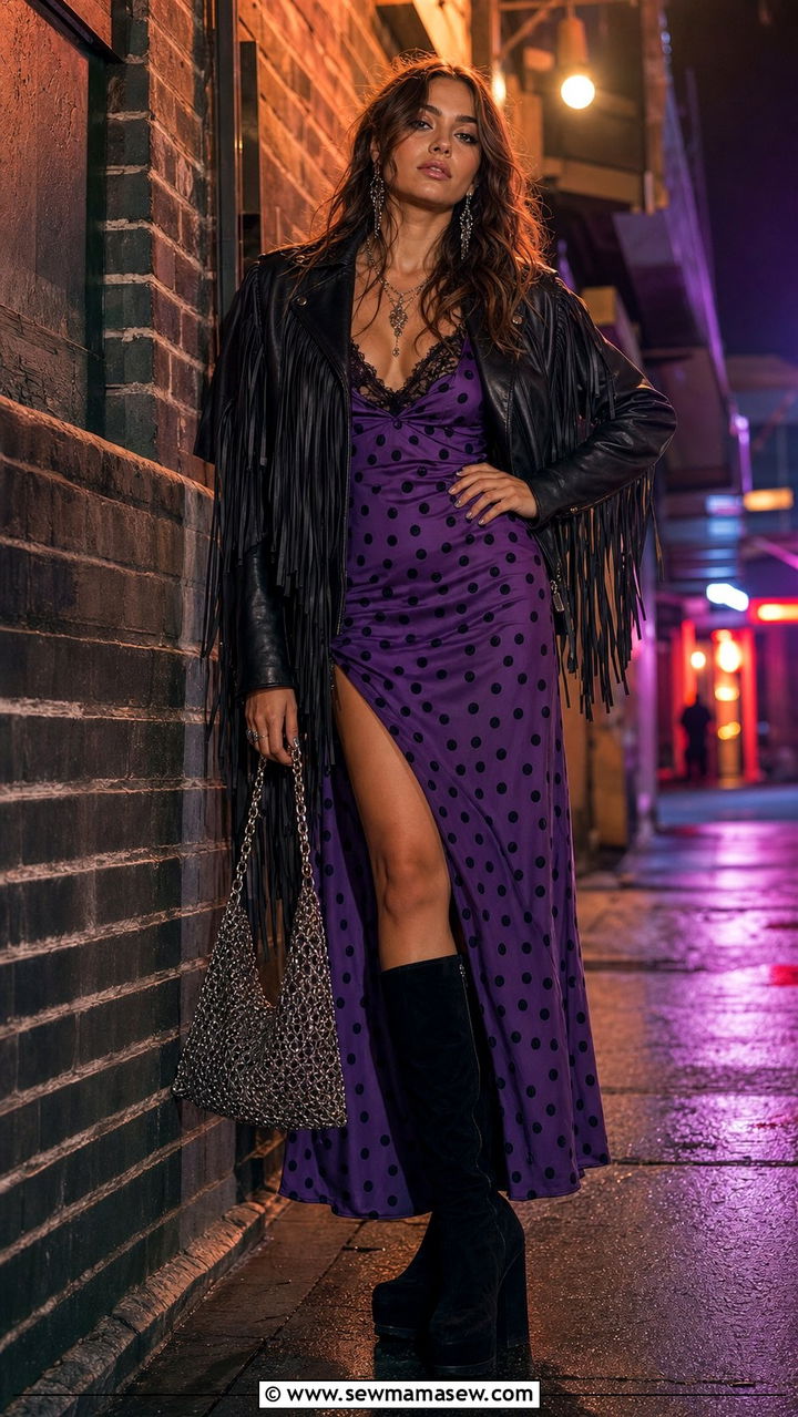 Fringed Leather Jacket Over A Polka Dot Slip Dress - 25 classy maximalist outfits