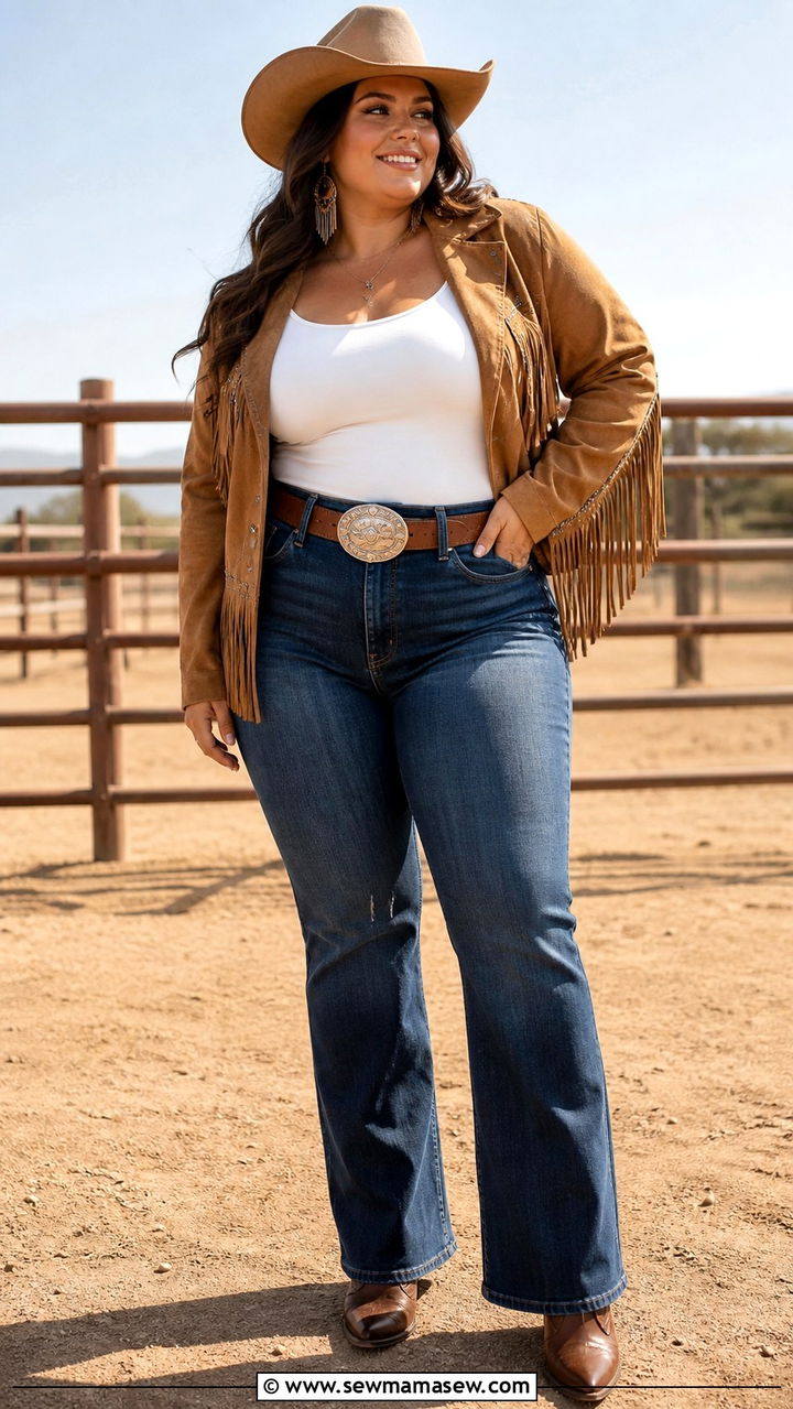 Fringed Suede Jacket With Bootcut Jeans - 25 Western outfit ideas plus size