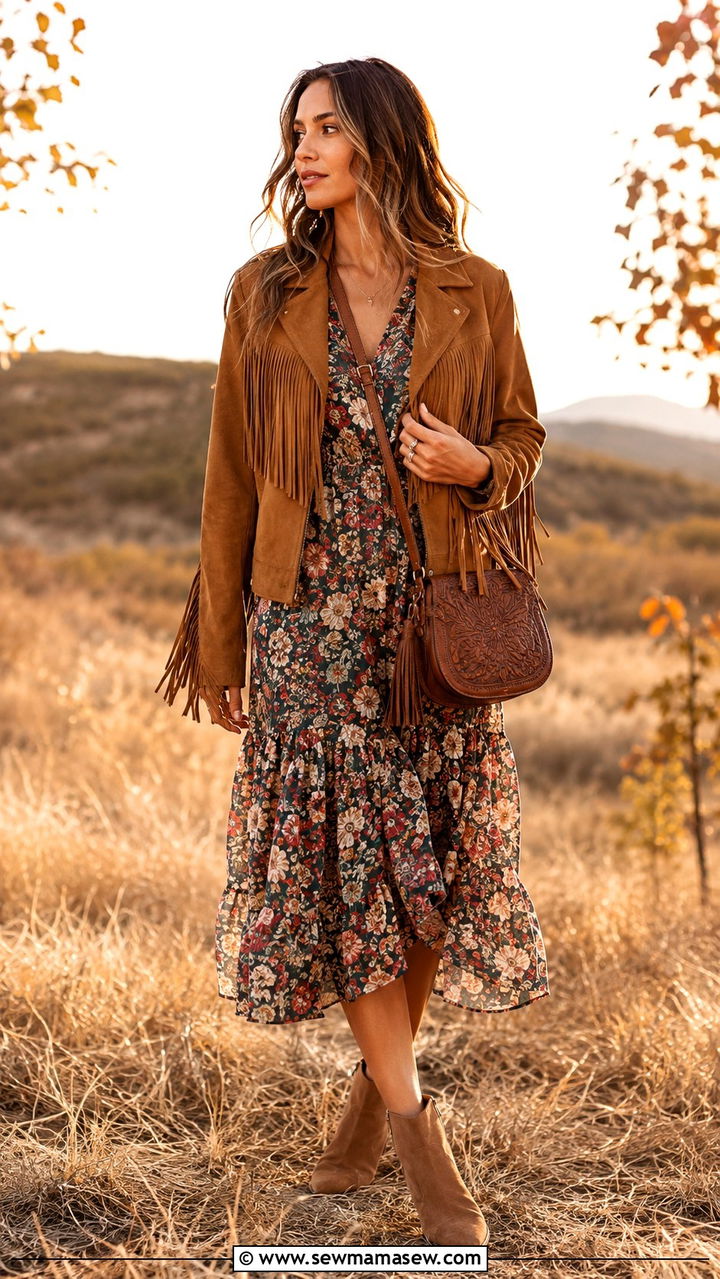 Fringed Suede Jacket With Floral Midi Dress - 30 Bohemian wardrobe essentials