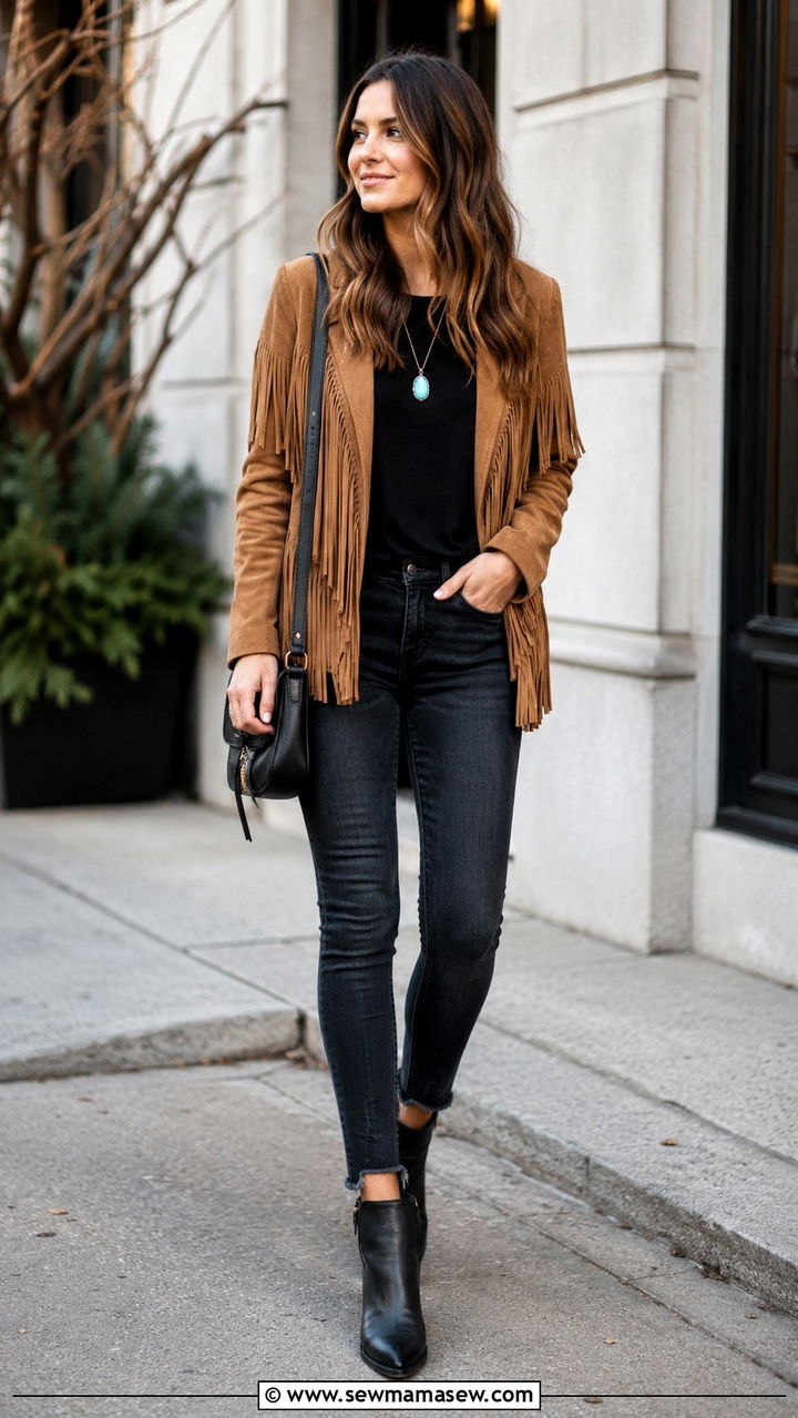 Fringed Suede Jacket With Skinny Jeans And Boots - 30 boho capsule wardrobe outfits