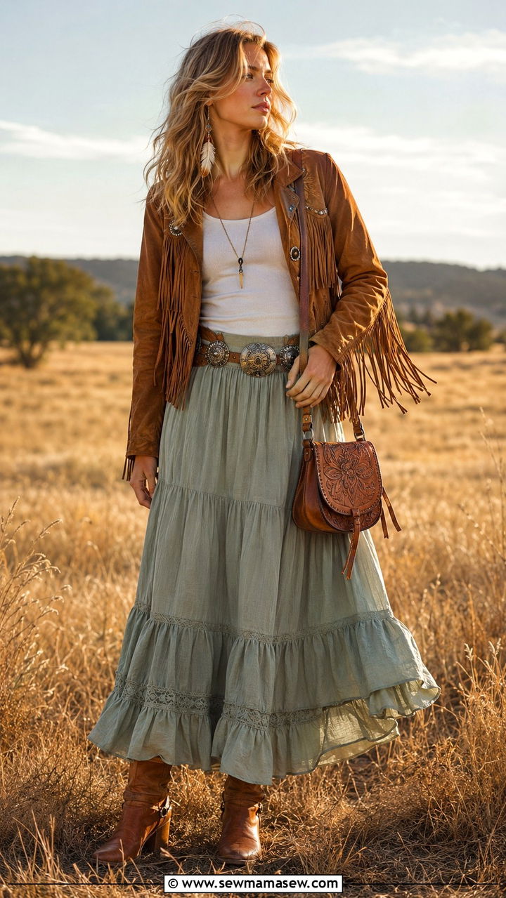 Fringed Suede Jacket With a Tiered Maxi Skirt - 25 Boho outfit ideas 60s style