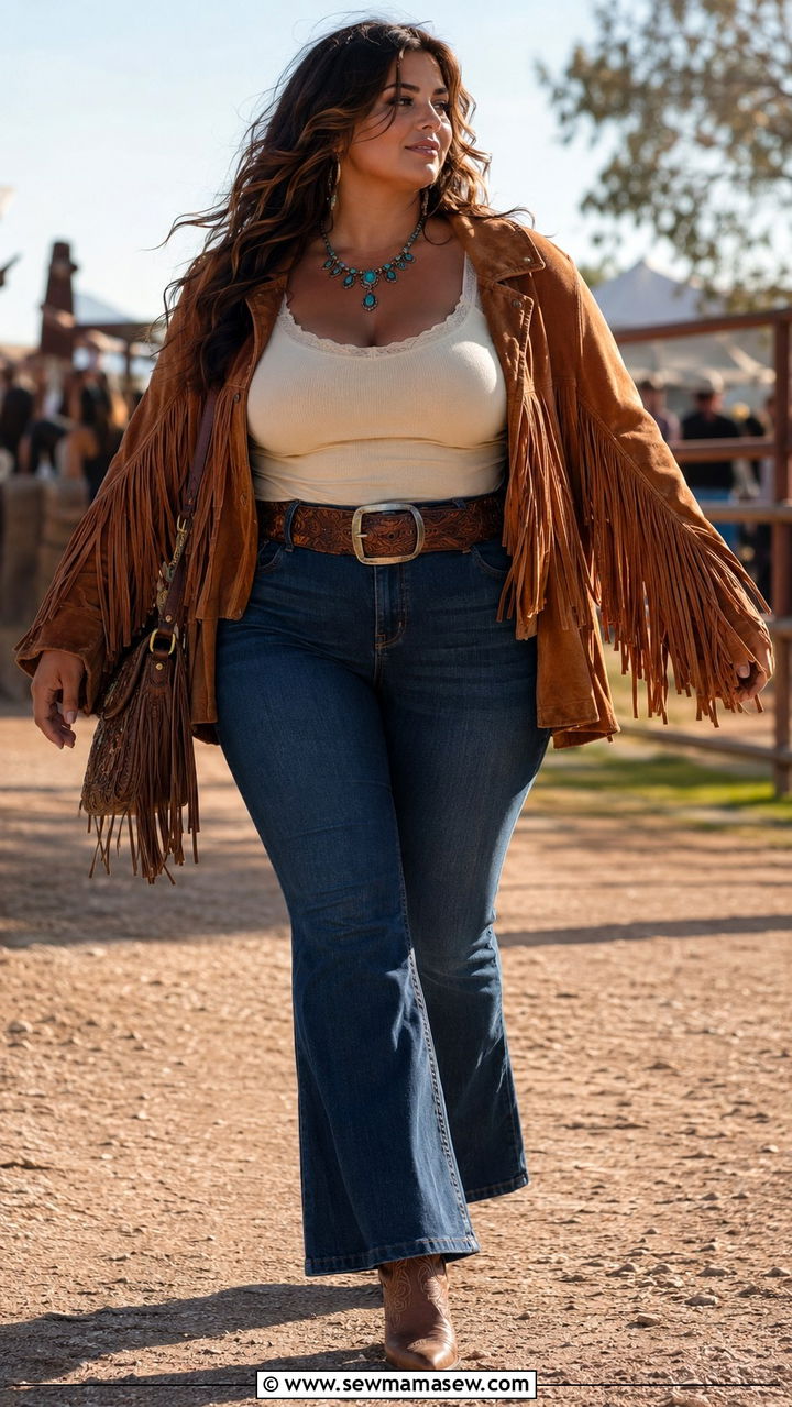 Fringed Suede Jacket and Bootcut Jeans - 25 Plus size outfit ideas western