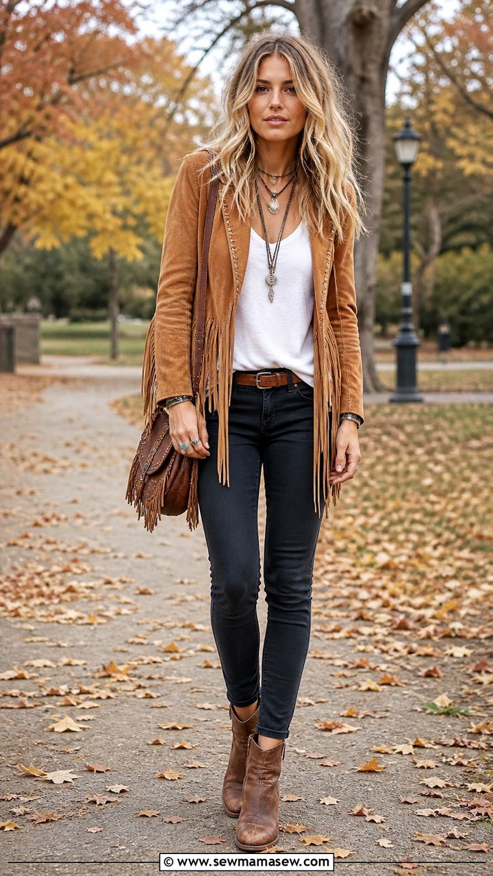 Fringed Suede Jacket with Skinny Jeans and Ankle Boots - 40 Bohemian outfit ideas