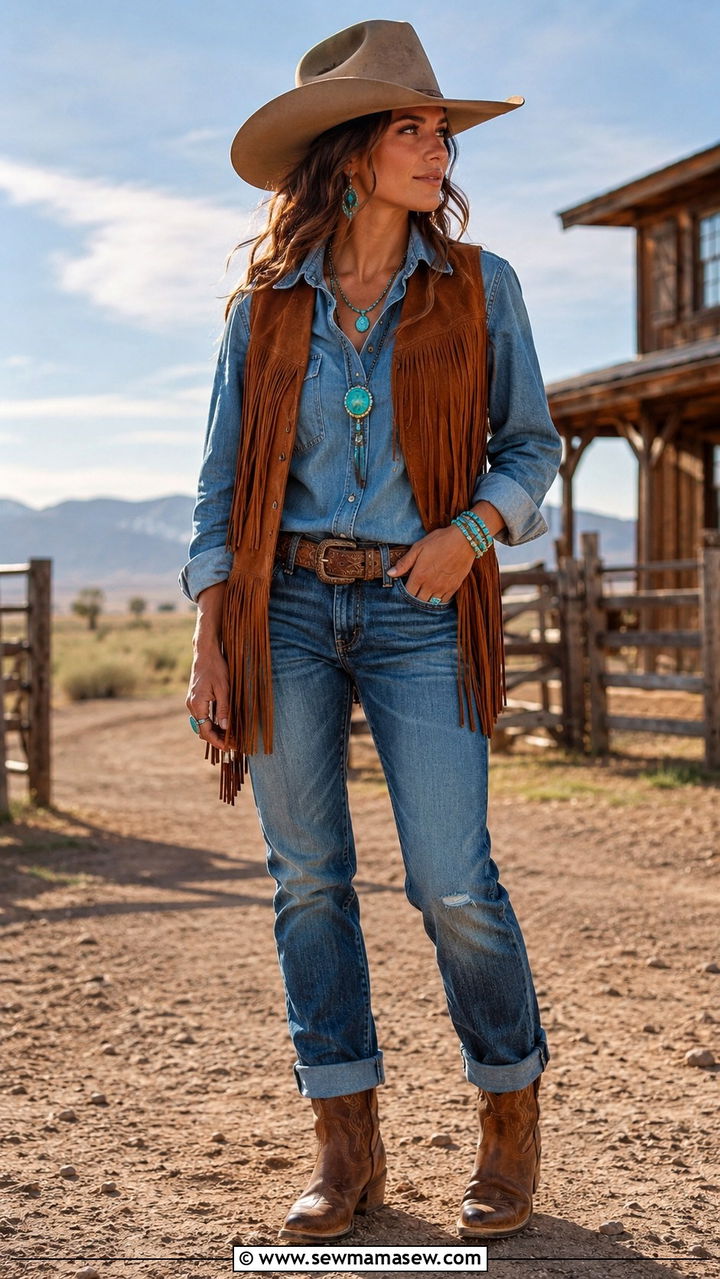 Fringed Suede Vest Over Denim Shirt and Relaxed Jeans - 30 Modern western outfit ideas