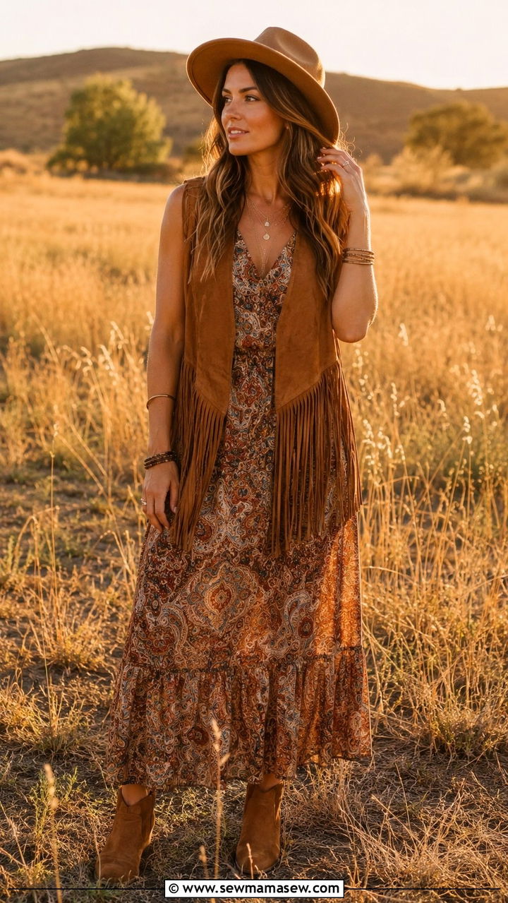 Fringed Suede Vest Over Maxi Dress With Ankle Boots - 25 Boho outfit ideas with suede boots