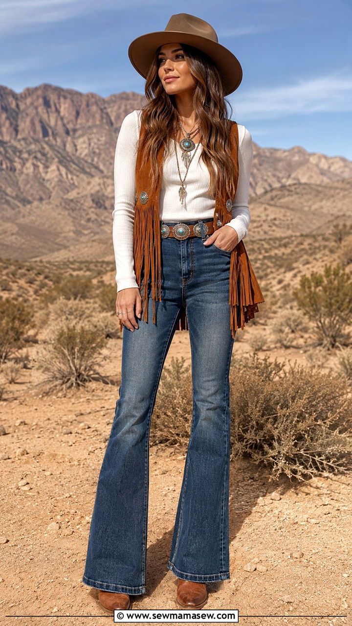 Fringed Suede Vest With Flared Jeans - 25 boho chic outfits to copy