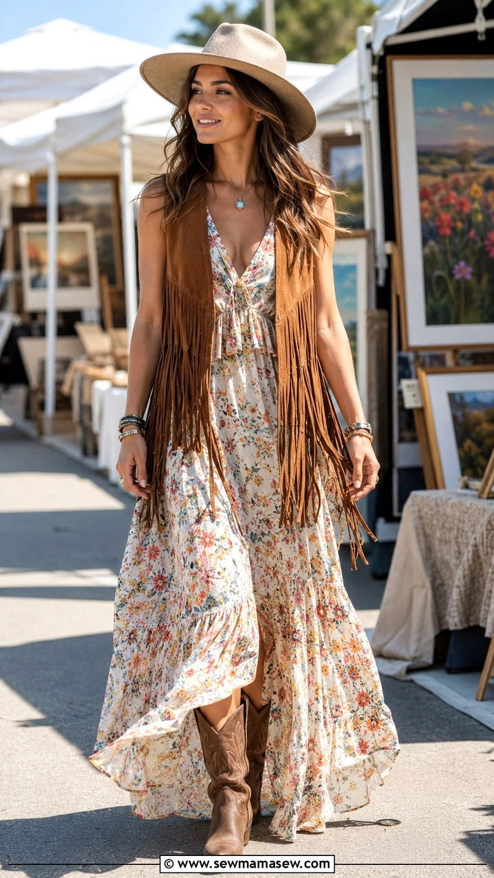 Fringed Vest Over Floral Maxi Dress - 30 spring western outfits