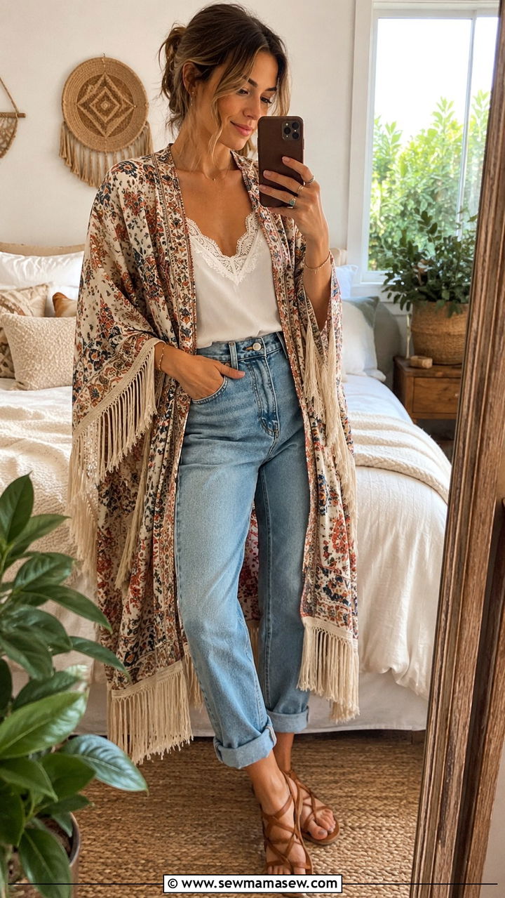 Fringed kimono with cami and cuffed jeans - 25 Boho outfit ideas with jeans