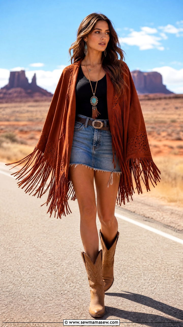 Fringed poncho with denim mini skirt and cowboy boots - 25 How to style a poncho