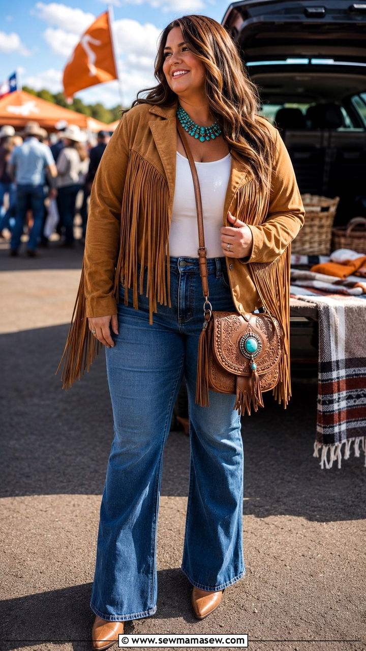 Fringed suede jacket with bootcut jeans outfit - 30 Plus size tailgate outfit ideas