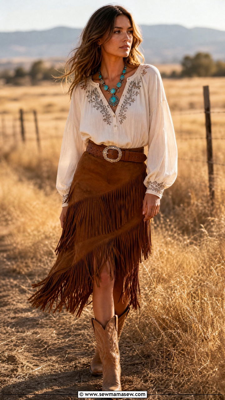 Fringed suede skirt with peasant blouse and cowboy boots - 30 Suede skirt outfit ideas