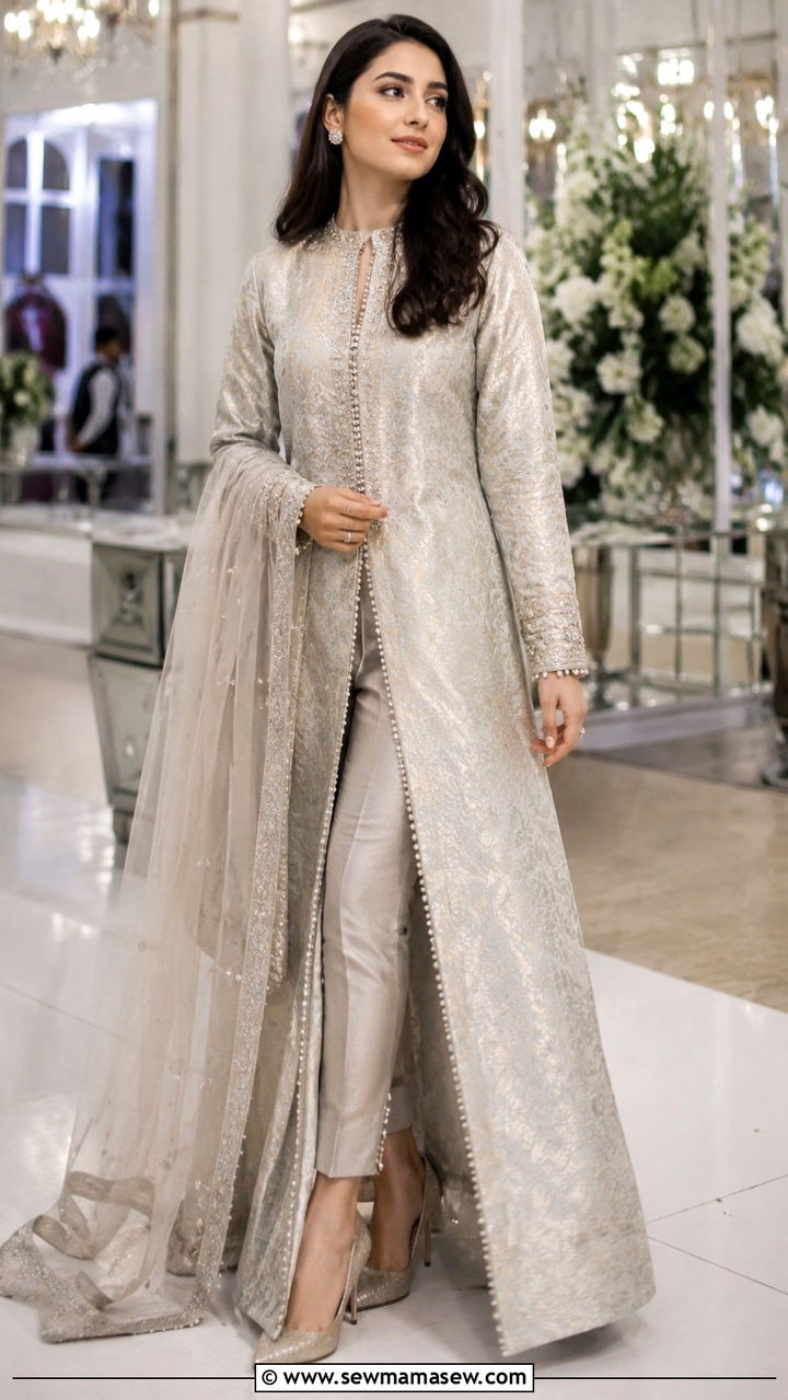 Front slit open gown with trousers for Walima - 25 Wedding guest outfit ideas Walima ceremony