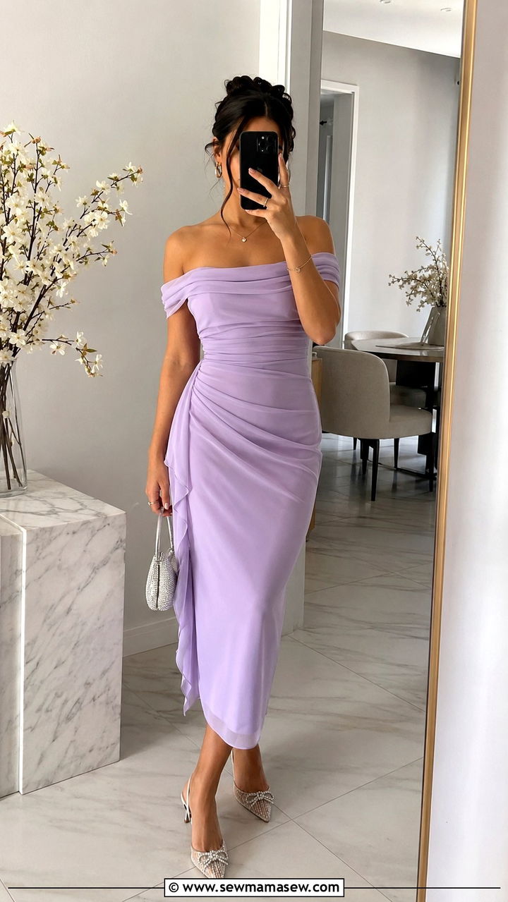 Frosted Lilac Off Shoulder Cocktail Dress - 20 Cocktail party outfit ideas 2026