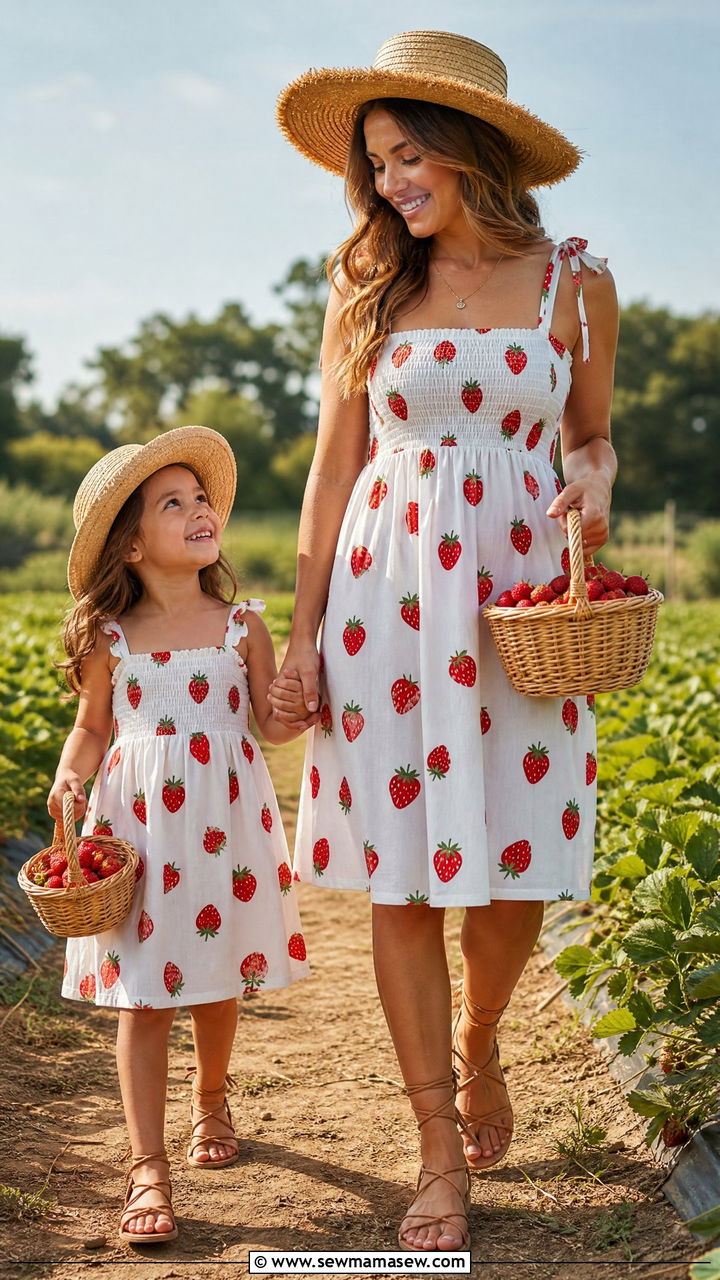 Fruit print sundress with strappy sandals outfit - 30 Summer mommy and me outfits
