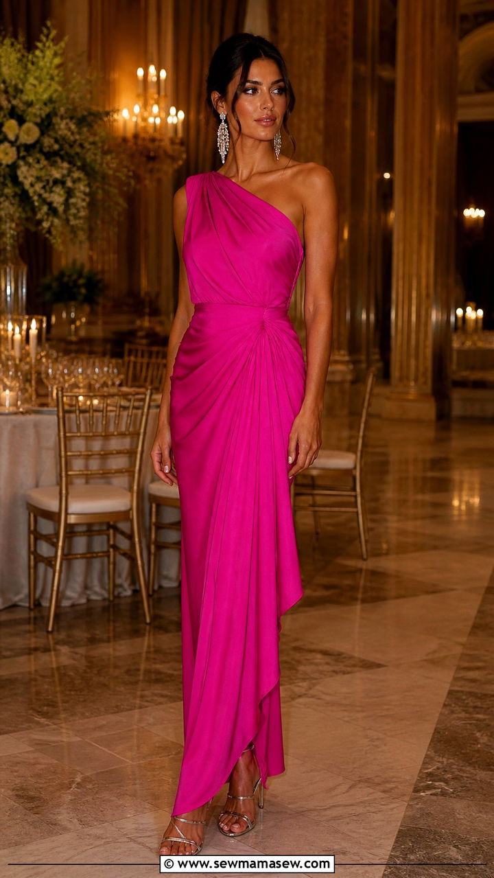 Fuchsia Draped Maxi Dress with Crystal Earrings - 40 Summer 2026 wedding guest outfit ideas