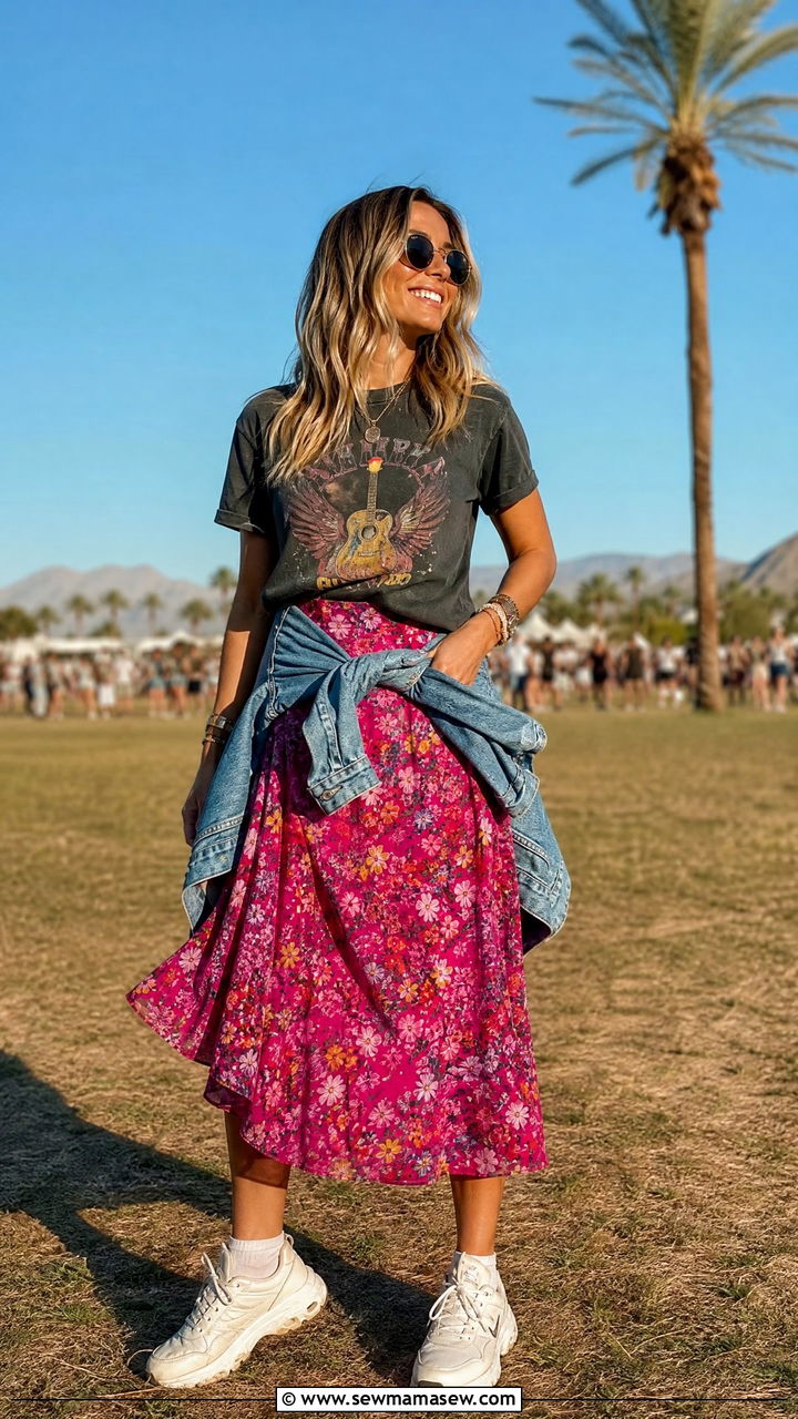 Fuchsia Floral Midi Skirt With Graphic Tee - 25 Fuchsia outfit ideas
