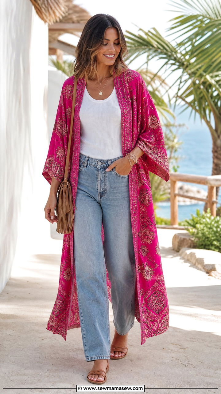 Fuchsia Kimono Cover Up With White Tank And Jeans - 25 Fuchsia outfit ideas
