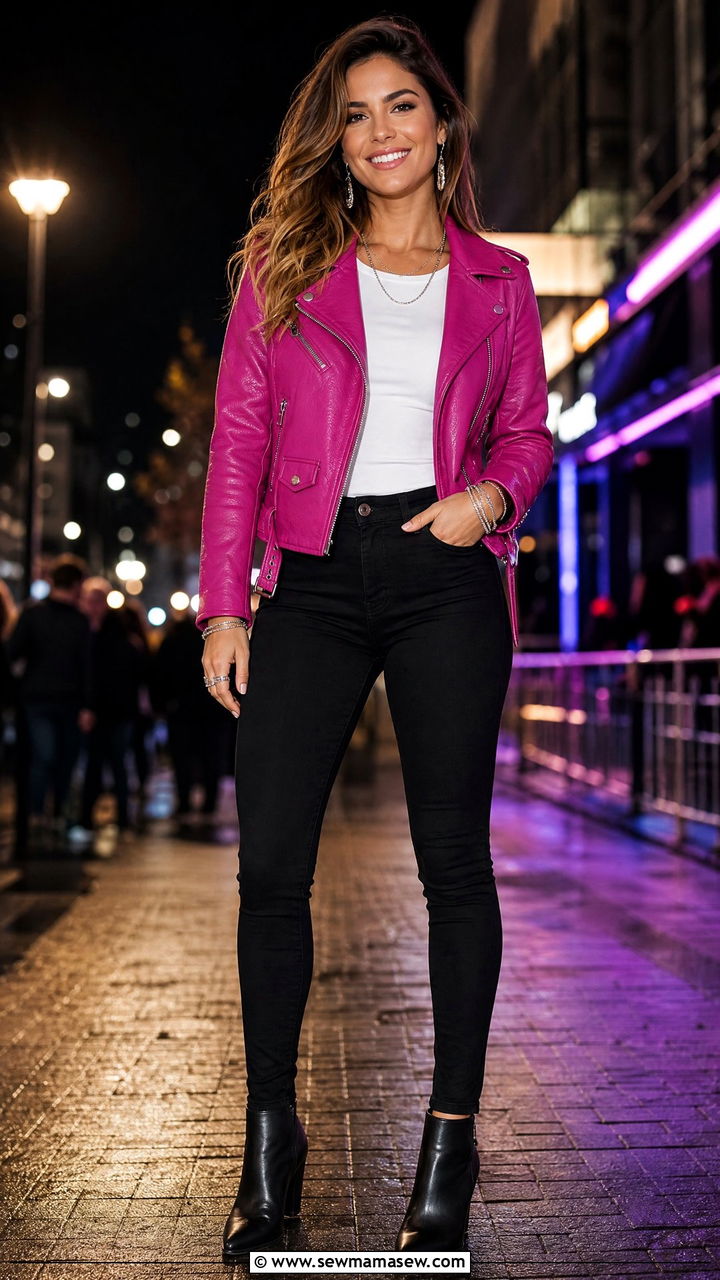 Fuchsia Leather Jacket With Black Skinny Jeans - 25 Fuchsia outfit ideas