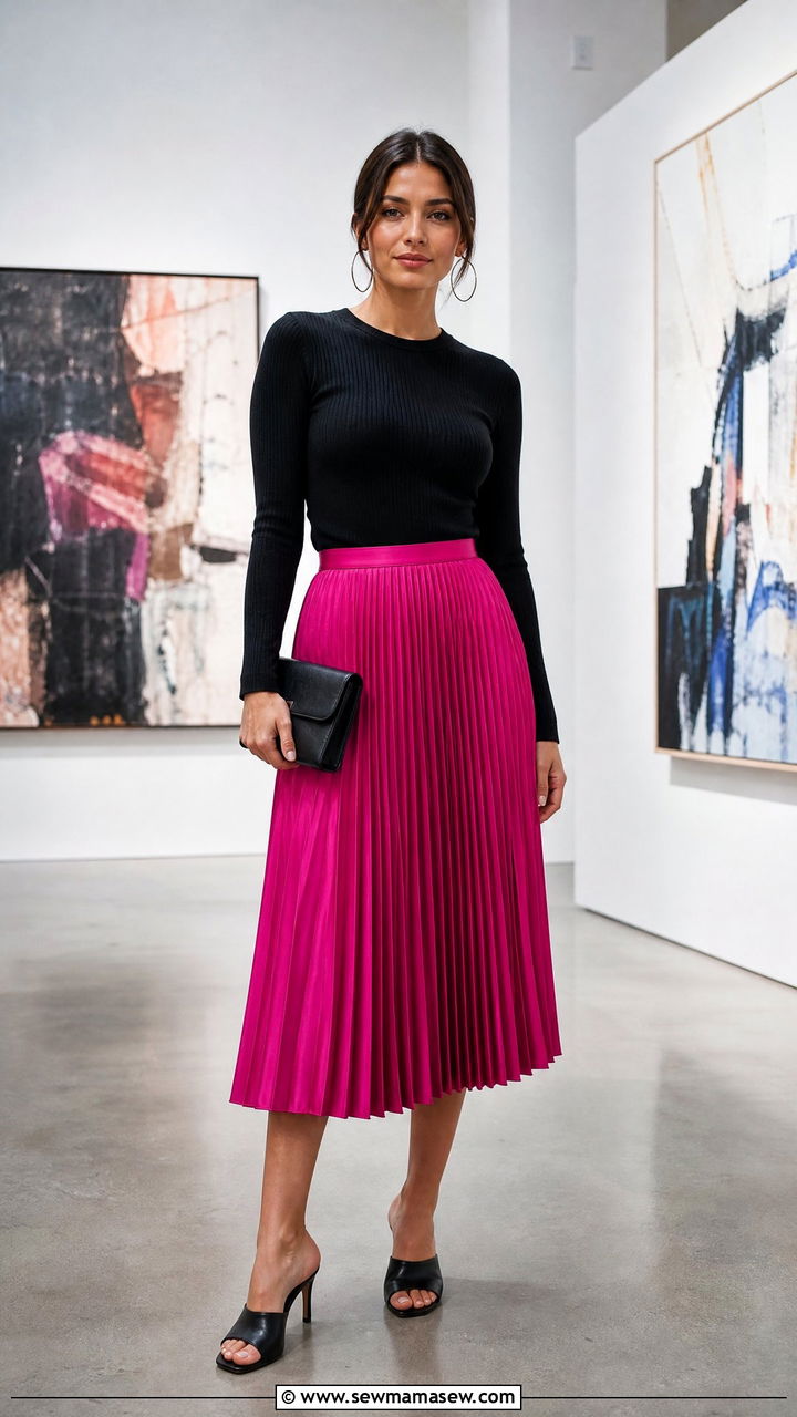Fuchsia Pleated Midi Skirt With Black Top - 25 Fuchsia outfit ideas