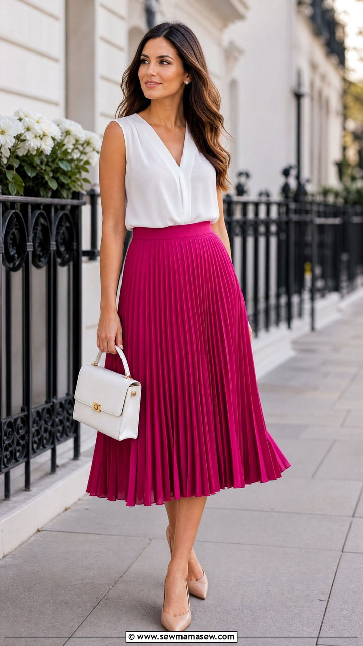 Fuchsia Pleated Midi Skirt with White Sleeveless Blouse - 30 summer colorful outfit ideas