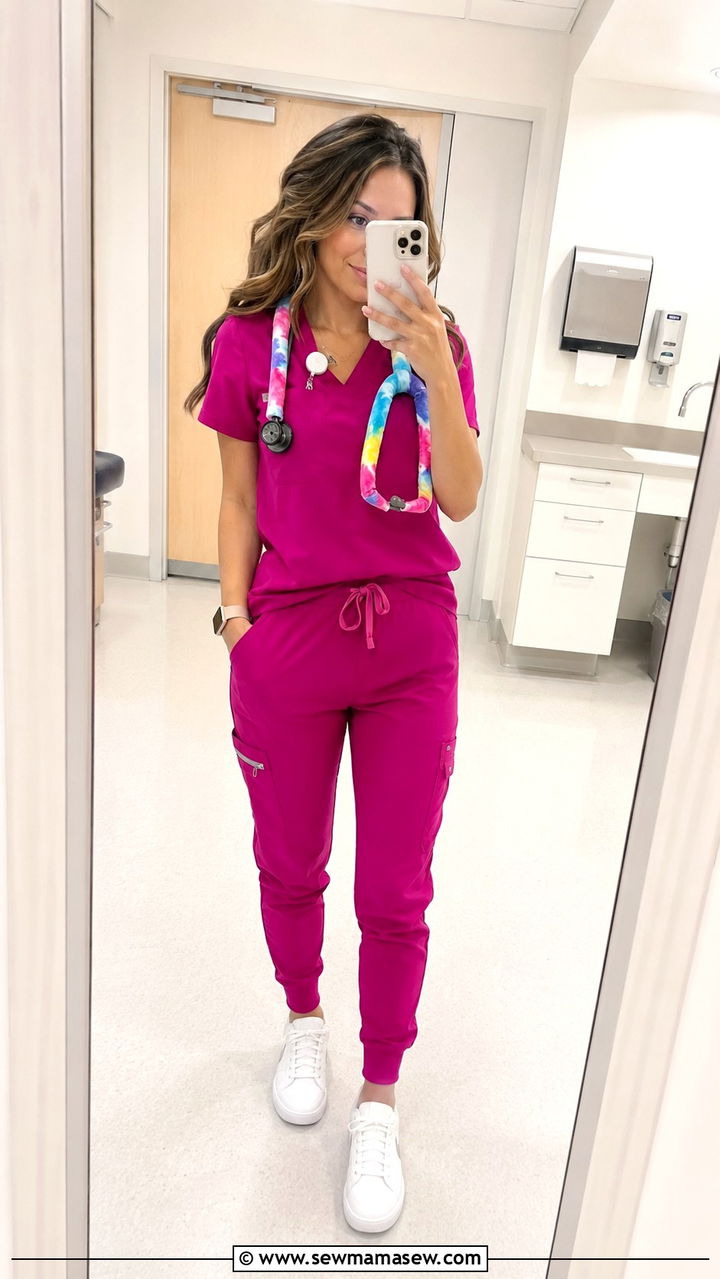 Fuchsia Scrub Set With White Leather Sneakers And Colorful Stethoscope - 25 Pediatric nurse outfit ideas