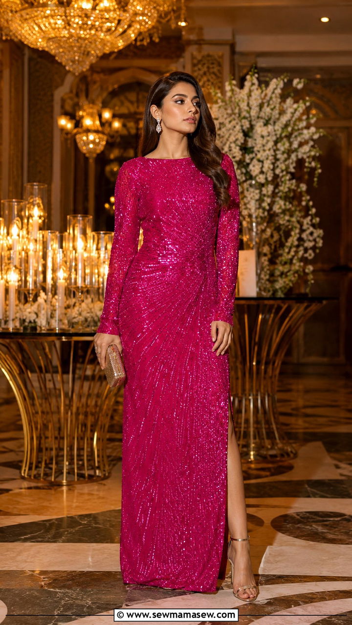 Fuchsia Sequin Floor Length Gown - 25 Wedding guest outfit ideas Mehndi ceremony